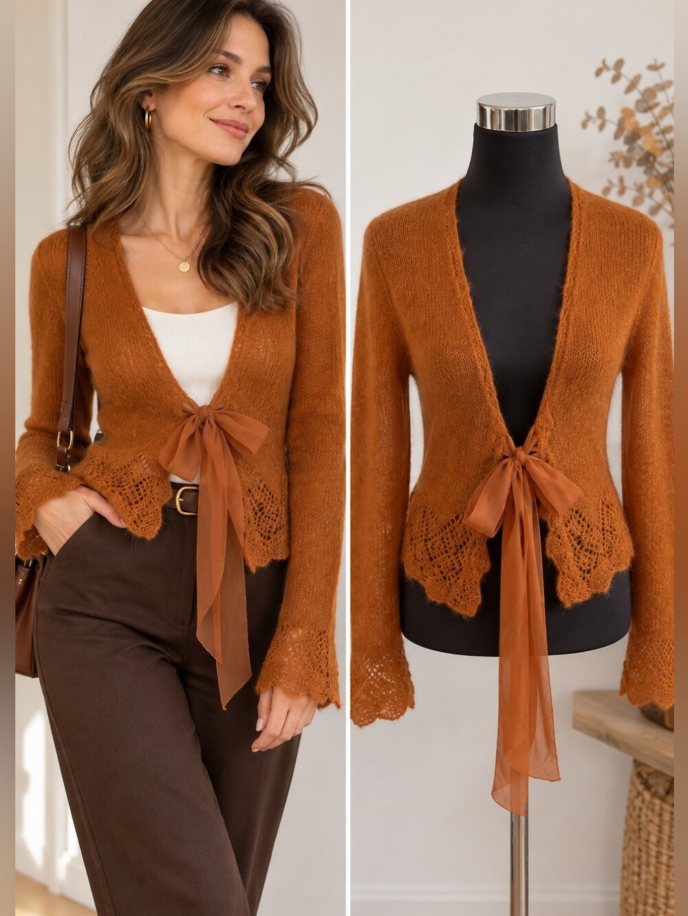 Yessica C&A Mohair Blend Rust Orange Open Knit Tie Front Cardigan Size S